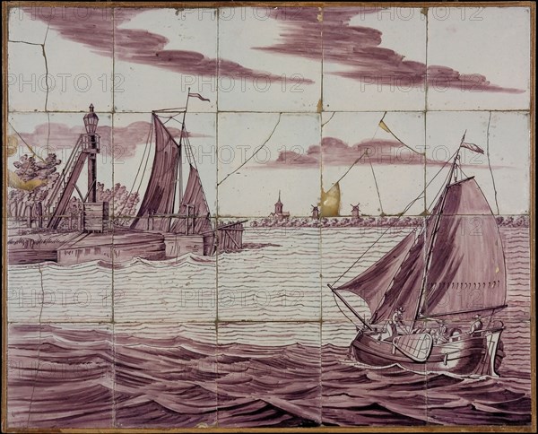 Verwijk, Purple tile picture, ships in the port of Vlaardingen, tile picture material ceramics pottery glaze wood, baked 2x