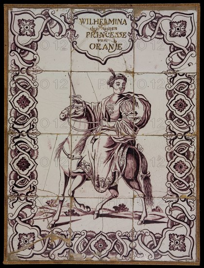 Tile panel, twelve tiles, purple on white, Wilhelmina de Pruysen, Princesse van Oranje on horseback, tile picture ceramic