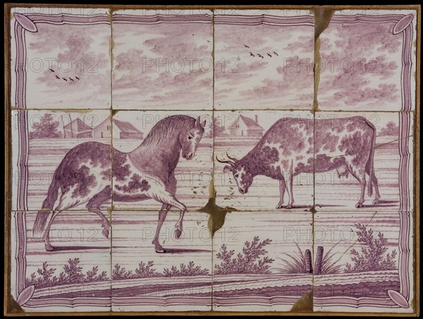 Tile panel, twelve tiles, purple on white, horse and cow in polder landscape, tile picture material ceramics pottery glaze