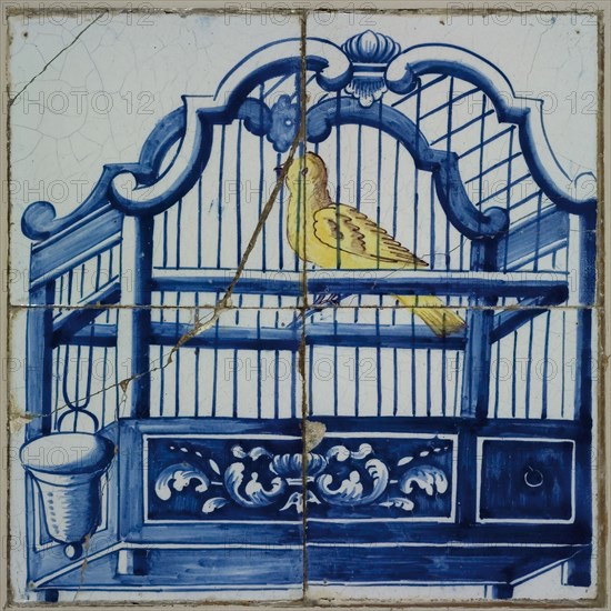 Tile panel, four tiles, canary in birdcage, tile picture ceramic earthenware glaze, baked 2x glazed painted Two high two wide