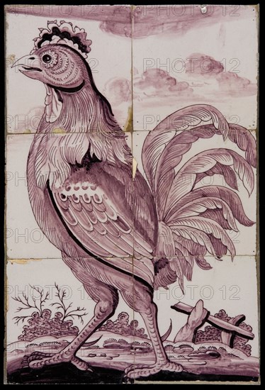 Tile panel, six tiles, animal decor, purple on white, rooster, tile picture material ceramic earthenware enamel, baked 2x glazed