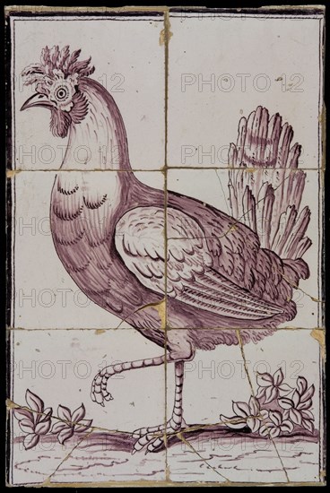 Tile panel, six tiles, animal decor, purple on white, rooster, tile picture material ceramic earthenware enamel, baked 2x glazed