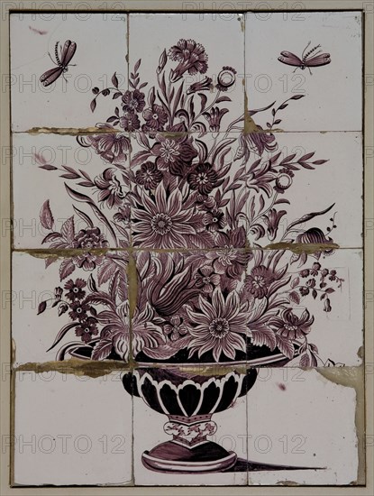 Purple tile tableau, vase with flowers and two insects, tile picture material ceramics pottery glaze wood, baked 2x glazed