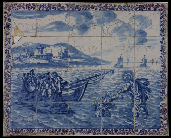 tile manufacturer Delftsevaart, Blue and purple tile picture, Peter's rescue, tile picture material ceramics pottery glaze tin