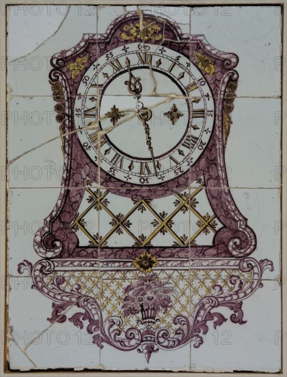 tile manufacturer Schiedamsedijk, Purple with yellow tile picture, Régence console, clock, tile picture material ceramics