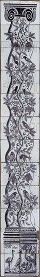 Purple tile pilaster, vine with apples and birds, peacock and ostriches on base, tile pilaster sculpture ceramic earthenware