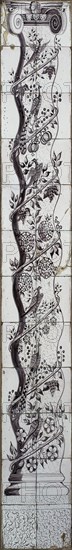 Tile pilaster with marbled column in manganese, vines and birds, tile pilaster visual material ceramic earthenware glaze tin