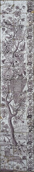 Tile pilaster, grape vines with birds, insects, spider in web, at foot of tree dog, left pig, right farmer with donkey, tile
