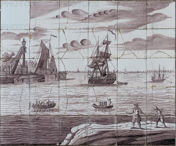 Verwijk, Purple tile picture, berth with ships (Vlaardingen?), tile picture ceramic earthenware glaze, baked 2x glazed painted