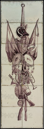 Purple tile tableau, armory trophy with banners, sword, drums and wind instruments, tile picture material ceramic earthenware