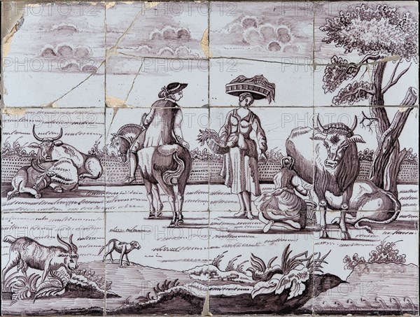 atelier Verwijk, Purple tile picture with cow being milked, man on horse, woman with basket on head, tile picture material