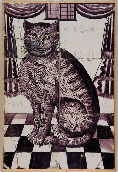Van der Wolk?, Purple tile tableau, sitting cat facing left, on black and white checkered floor, looks at the viewer, tile