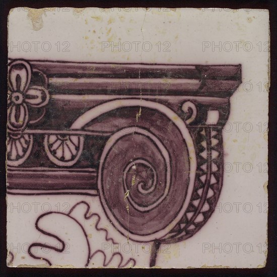 Tile of purple tile pilaster with twisted column with leaves of leaves, grapes, spiders, insects and bird, tile pilaster footage