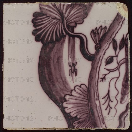 Tile of purple tile pilaster with twisted column on which rank of leaves, grapes, spiders, insects and bird, tile pilaster