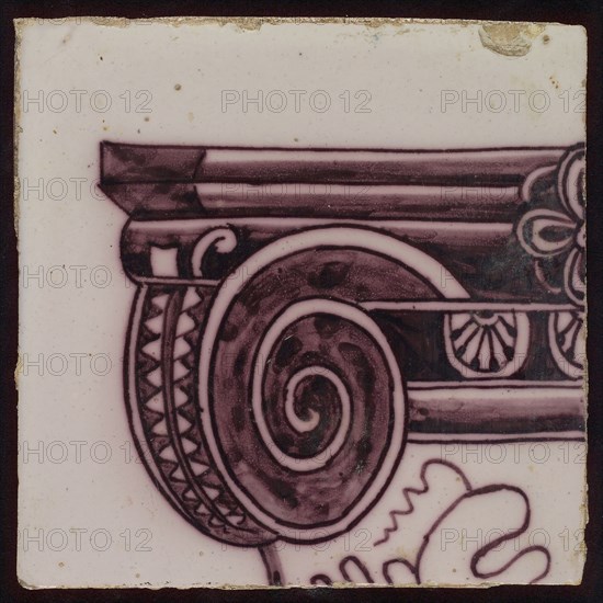 Tile of tile pilaster with twisted column with leaves of grapes, grapes, insects, spiders and bird, tile pilaster footage