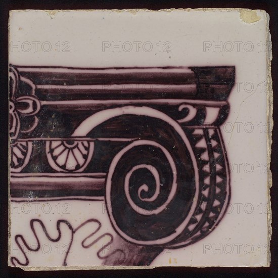 Tile of tile pilaster with twisted column with leaves of grapes, grapes, insects, spiders and bird, tile pilaster footage