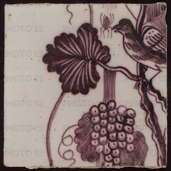 Tile of tile pilaster with twisted column covered with leaves, grapes, insects, spiders and bird, tile pilaster footage fragment