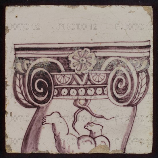 Tile of purple pilaster with twisted column around which branch of leaves, bunches of grapes and angels, tile pilaster footage