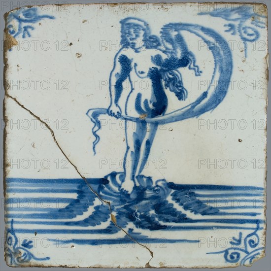 Scene tile, in tile field of eight, four high, two wide; sea creature tile in blue, lady Fortuna standing on shell at sea