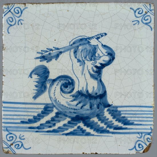 Scene tile, in tile field of eight, four high, two wide; sea creature tile in blue, meerman with club at sea, corner motif