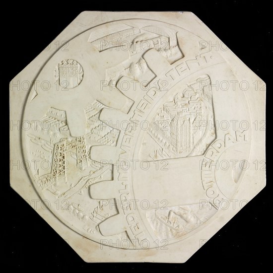 Leendert Bolle, Model for medal Nenijto (Dutch Nijverheids Tentoonstelling) in Rotterdam, model plaster, Two interlocking wheels