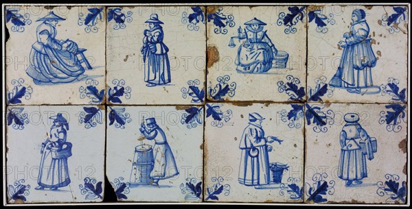 Tile field, eight tiles, blue on white, among others fish seller and woman with scale, corner motif, tiled field wall tile