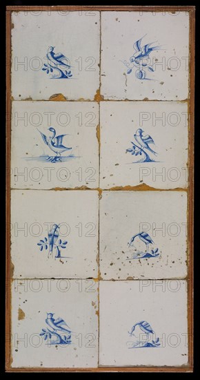 Tile field, eight tiles, blue on white, birds, among others two storks or herons, tiled field wall tile sculpture ceramic