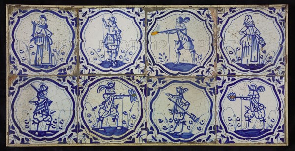 Tile field, eight tiles, blue on white, six warriors, two women, all in brace-frame, corner motif, wing, tiled field wall tile