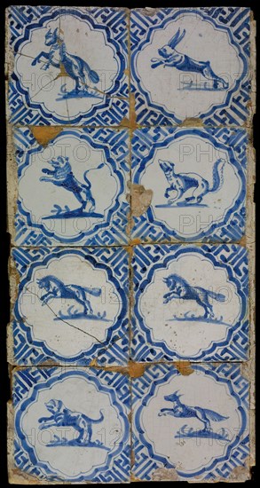 Tile field, eight tiles, animal decor in scalloped frame with accolades, blue on white, tiled field wall tile tile sculpture