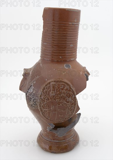 Stoneware jug, sphere model with cylindrical neck, decorated with three medallions, jug crockery holder soil find ceramic