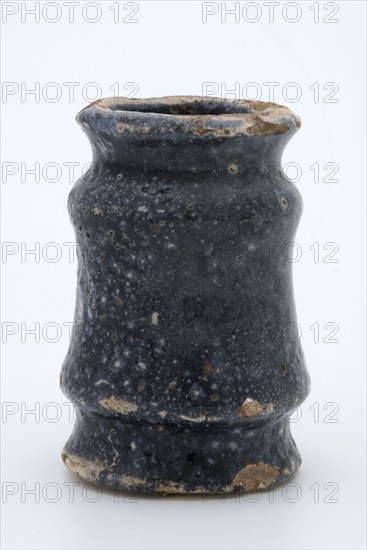 Pottery ointment jar, cylindrical with three constrictions, black speckled glazed, ointment jar pot holder soil find ceramic