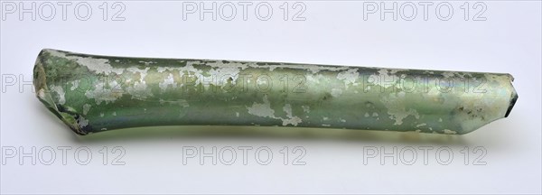 Glass tube or neck, cylindrical and pinched on one side, glass soil found glass, w 1.9 hand-blown Glass tube Possible neck