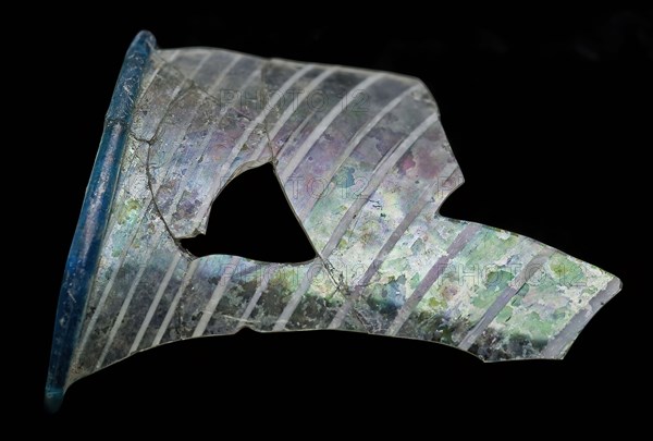 Border fragment of beaker decorated with blue mouth rim and white glass threads, beaker drinking glass drinking utensils