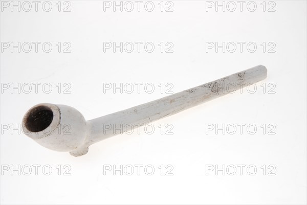 Clay pipe with decorated stem, double conical model, marked with Tudor rose, clay pipe smoking equipment smoke floor pottery