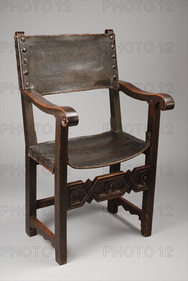 Walnut renaissance armchair, armchair seat furniture interior design wood walnut leather metal, Seat and back covered