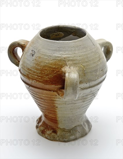 Stoneware cup or three-eared jug on pinched foot, gray with brown flamed salt glaze, cup holder can be tableware holder soil