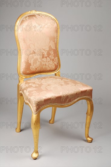 Gold plated straight rococo chair, upright chair seat furniture furniture interior design wood gold paint silk, With pink silk