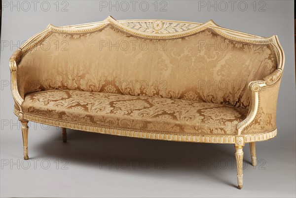 White painted, partly gilded Louis Seize canapé, bench furniture interior furniture wood beech lacquer gold leaf silk dam