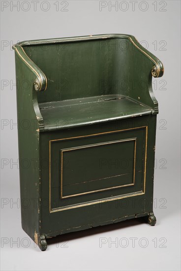 Green painted wooden single bench, pew bench furniture wood coniferous paint gold paint, Painted wooden single bench