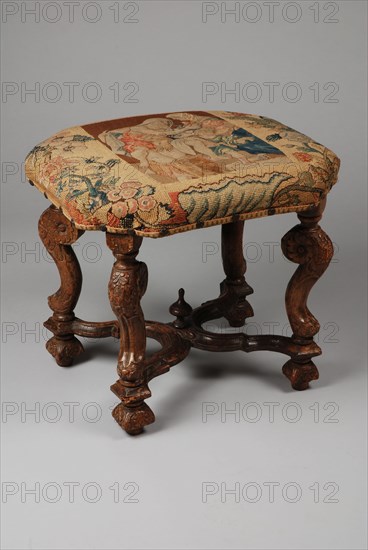 Beechwood Régence stool, tabouret furniture interior design wood beechwood walnut textiles, embroided upholstery, depiction