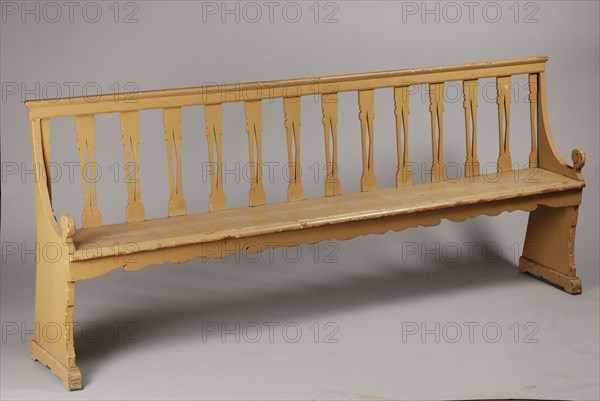 Green painted long garden bench or bench, sofa furniture interior design wood coniferous paint, Openwork backrest with bars