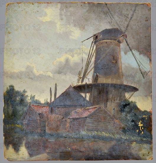 Jan Bikkers, Mill with outbuildings, possibly on the Rotte, painting footage paper paint, topography Rotte? Rotterdam
