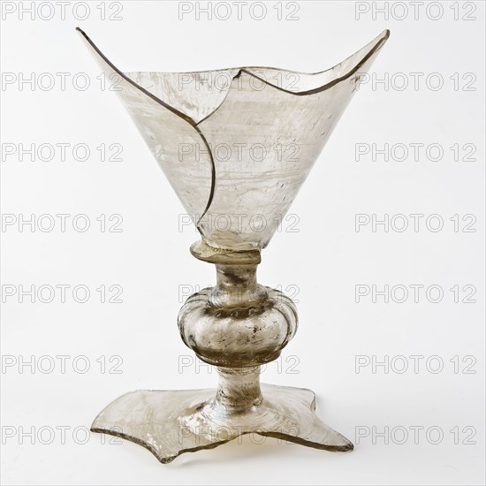 Fragment of foot, trunk and chalice of chalice in façon de Venise style, drinking glass drinking utensils tableware holder