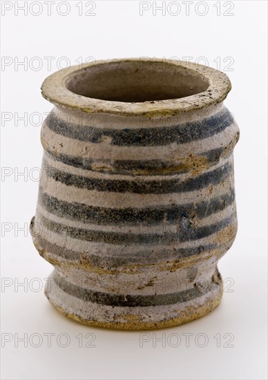 Pottery ointment jar, faience with two constrictions, blue rings around the side wall, ointment jar holder soil found ceramic