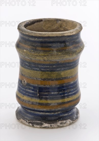 Pottery ointment jar, majolica albarello with three constrictions, polychrome decor of rings, albarello holder soil find ceramic