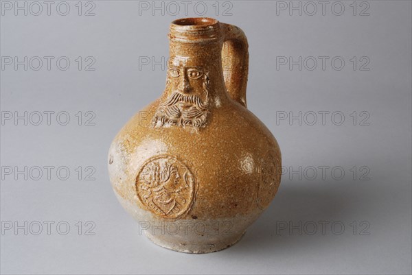 Stoneware barb jug, small and round ball with Bartmann jug, also called Bellarmine jug, and three portrait medallions, Bartmann