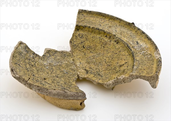 Fragment of small earthenware plate or salt dish, gray shard, yellow glazed, salt bowl salt barrel tableware holder fragment
