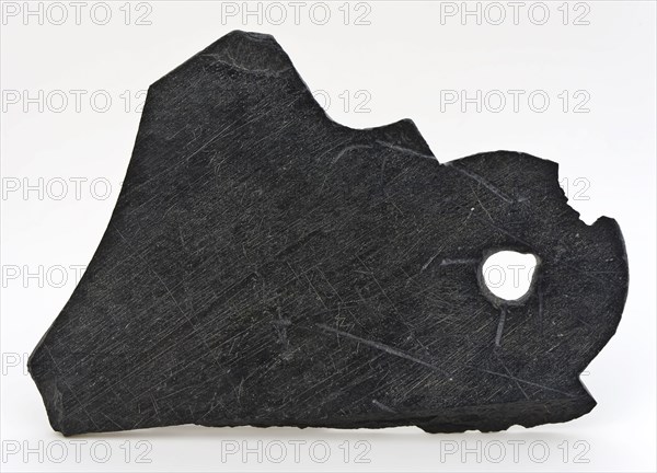 Fragment of slate with hanging hole, shield-shaped, slate soil found slate stone, w 15.5 sawn drilled sanded Fragment of slate