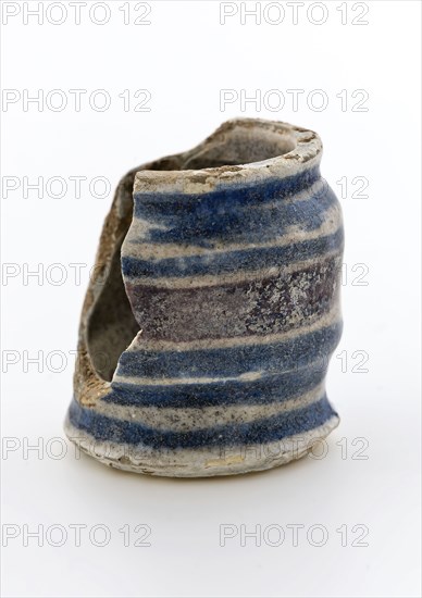 Fragment majolica ointment jar, cylindrical with two constrictions, rings in purple and blue, ointment jar pot holder soil find