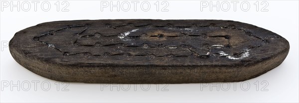 Wooden brush without hair, elongated with pointed ends, brush soil finds wood metal, sawn drilled bound Wooden brush